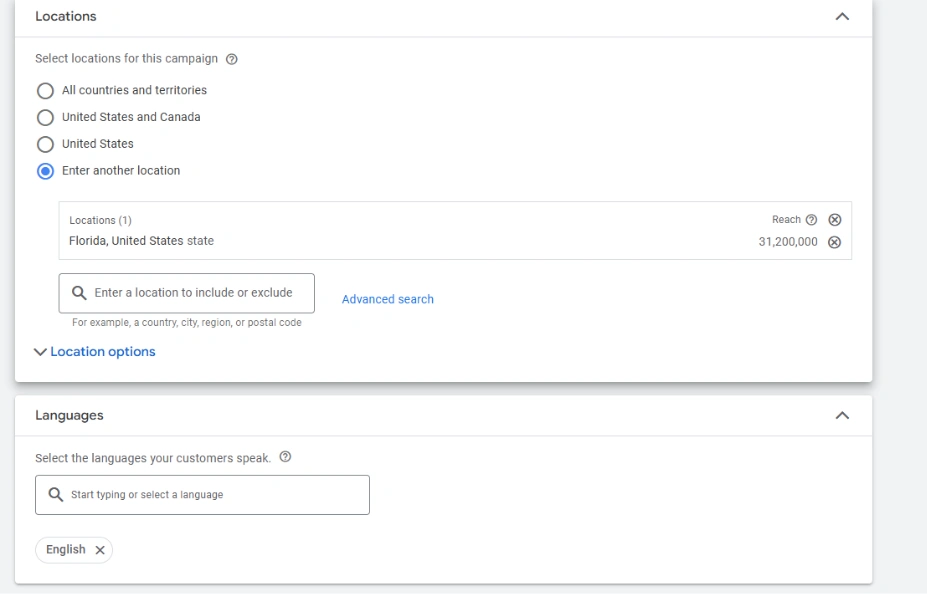 Close-up of the campaign setup in Google Ads, detailing the fifth step: adjusting your audience by location and main languages.