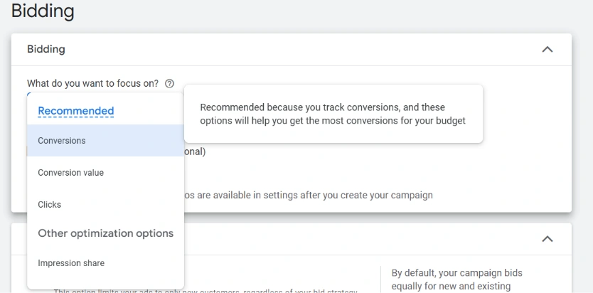Close-up of the campaign setup in Google Ads, detailing the four step: select a bidding strategy.