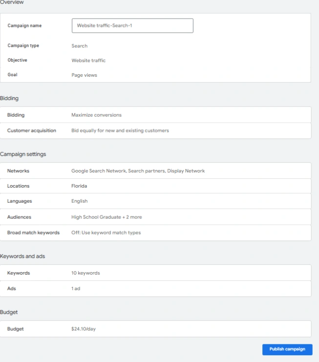 Close-up of the campaign setup in Google Ads, detailing the final step: reviewing and publishing your campaign.