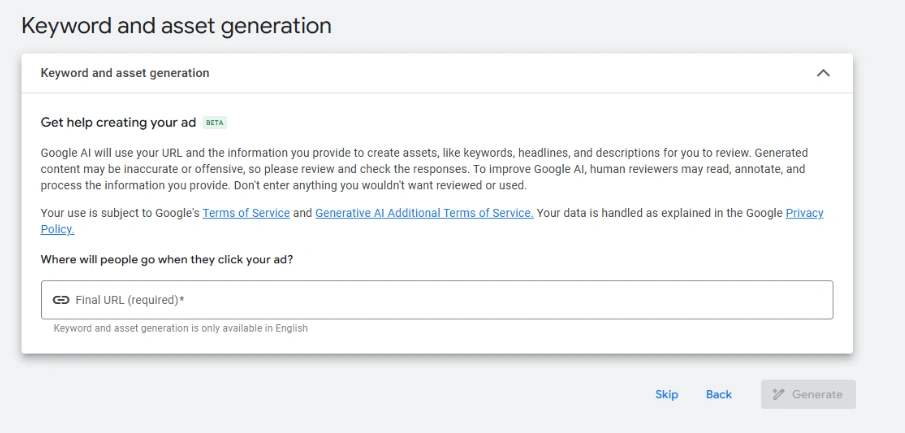 Close-up of the campaign setup in Google Ads, detailing the eighth step: keyword and creative generation boosted by the Google AI assistant.
